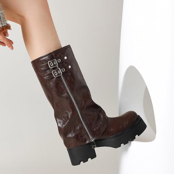 ⚡Women's Burgundy Knee High Riding Boot Chunky Platform Low Heel Round Toe - Picture 5 of 5